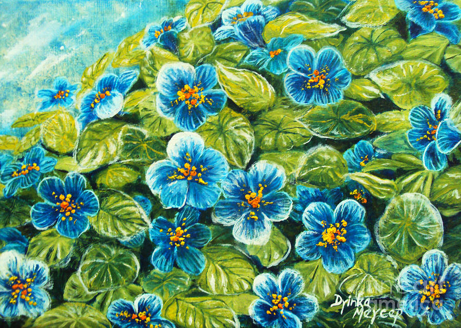 Nature Blue Flowers Original Painting Oil on Canvas Painting by Drinka