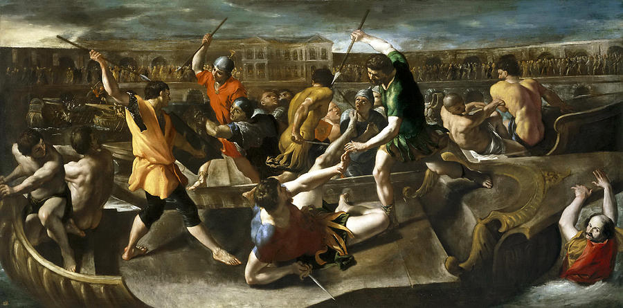 Naumachia . Gladiatorial naval battle in ancient Rome  Painting by Giovanni Lanfranco