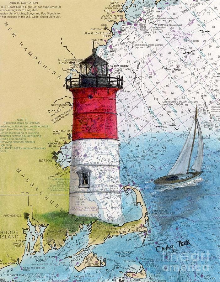 Beach Painting - Nauset Beach Lighthouse MA Nautical Chart Map Art Cathy Peek by Cathy Peek
