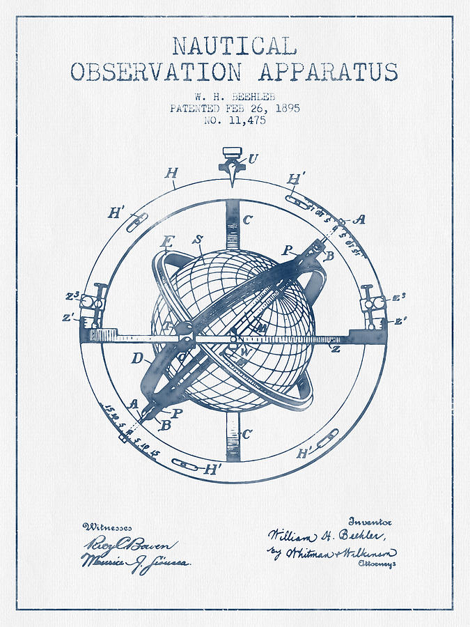 Vintage Digital Art - Nautical Observation Apparatus Patent From 1895  -  Blue Ink by Aged Pixel