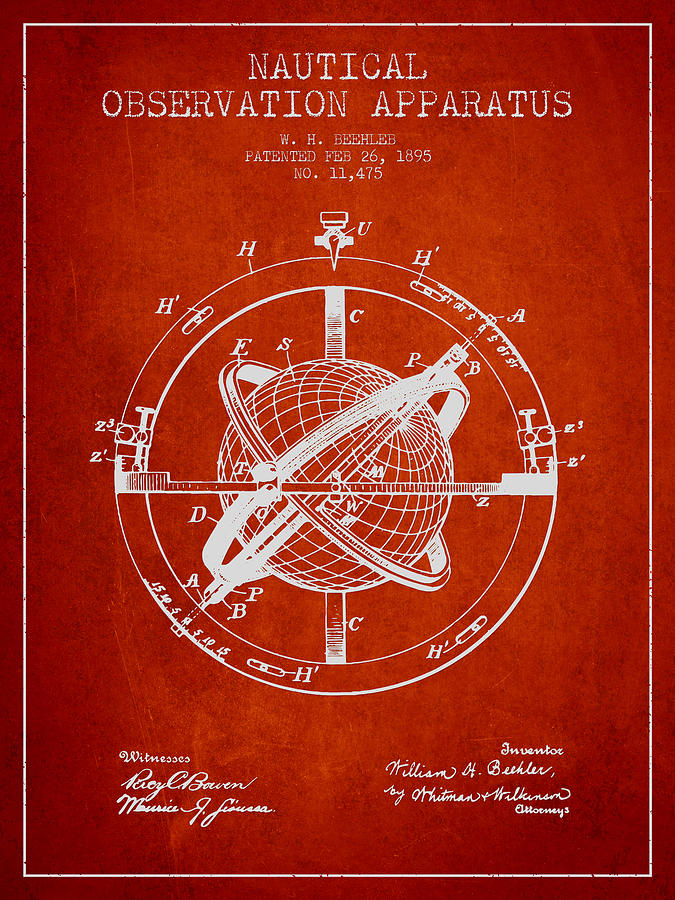 Vintage Digital Art - Nautical Observation Apparatus Patent From 1895 - Red by Aged Pixel
