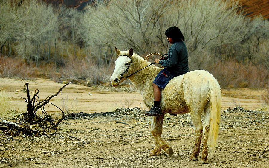 Navajo Boy with Mustang Photograph by Barbara Zahno