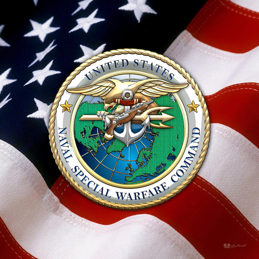 Naval Special Warfare Command - N S W C - Emblem over American Flag Digital Art by Serge Averbukh