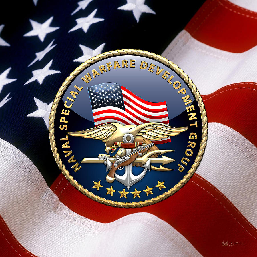 Naval Special Warfare Development Group - D E V G R U - Emblem over U. S. Flag Digital Art by Serge Averbukh
