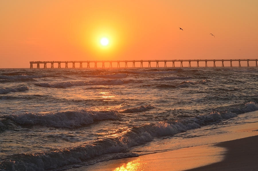 Navarre Beach and Pier Sunset Colors with Birds and Waves Photograph by Jeff at JSJ Photography