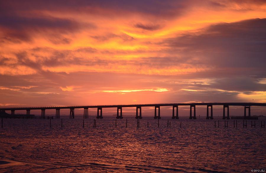Navarre Beach Bridge Silhouette at Sunrise with Clouds Photograph by Jeff at JSJ Photography
