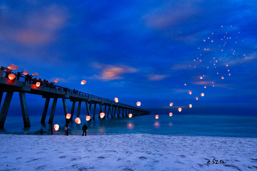 Navarre Beach Fishing Pier - Night Landscape Photograph by Eszra Tanner