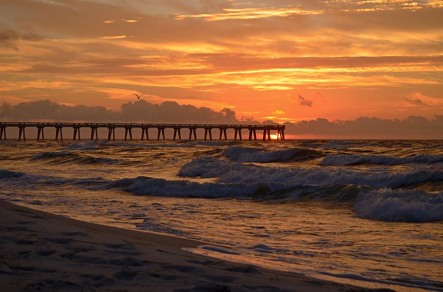 Navarre Pier at Sunrise with Waves Photograph by Jeff at JSJ Photography