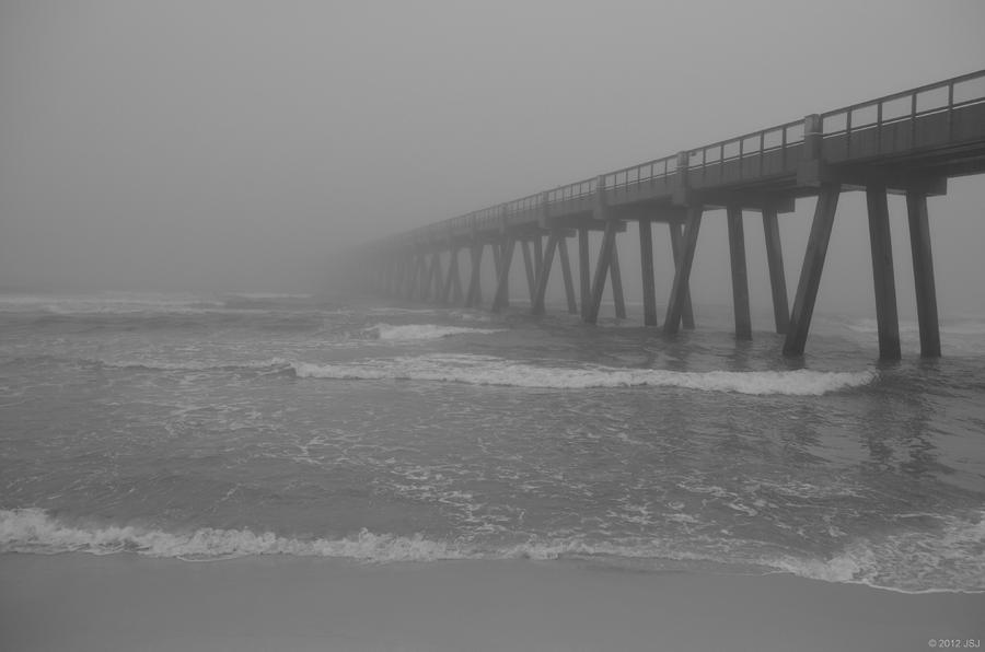 Navarre Pier Disappears in the BW Fog Photograph by Jeff at JSJ Photography