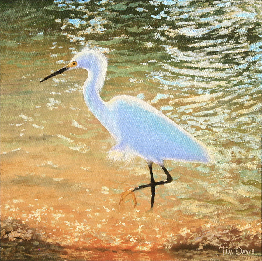 Egret Painting - Navigating the Tide by Tim Davis