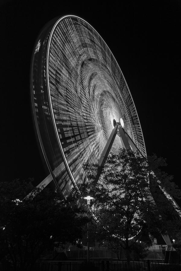 Navy Pier Ferris Wheel at Night Black and White  Photograph by John McGraw