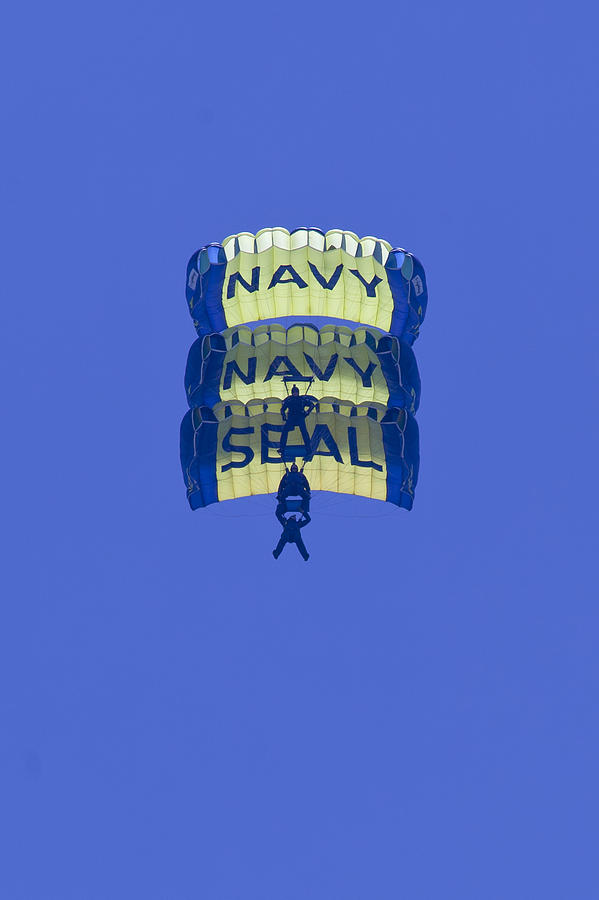Navy Seal Leap Frogs 3 Vertical Parachutes Photograph by Donna Corless