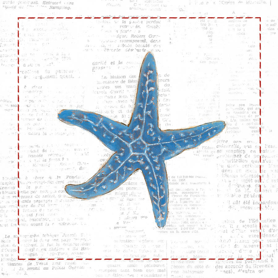 Pattern Painting - Navy Starfish On Newsprint With Red by Emily Adams