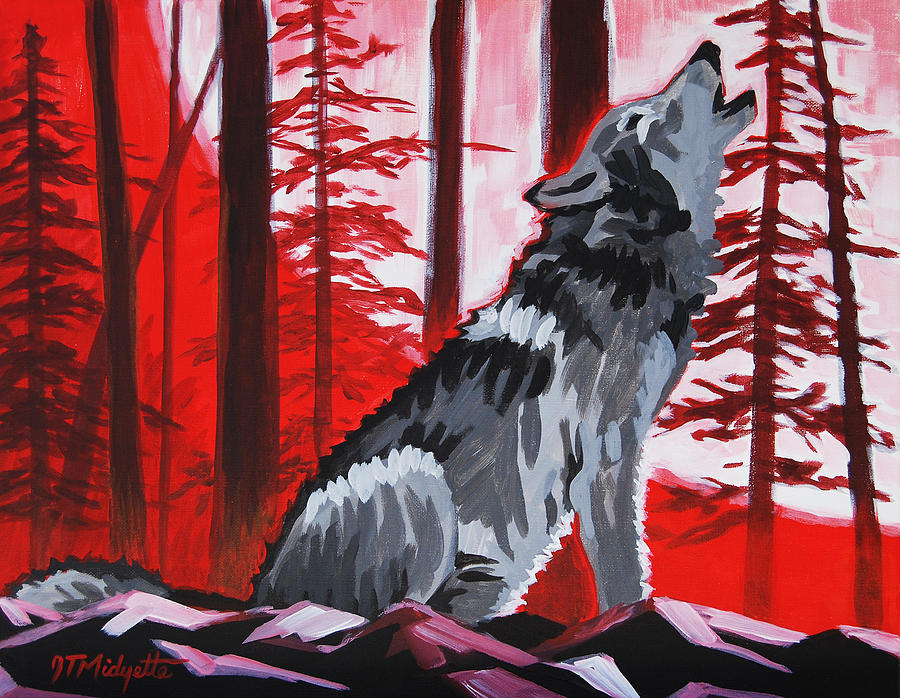 Wolf with red sky Painting by Tommy Midyette