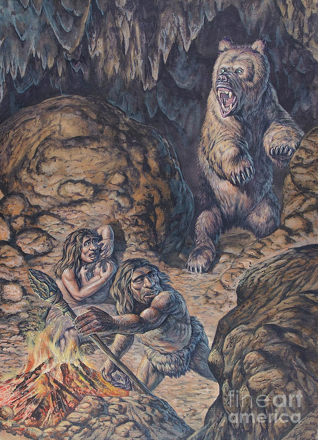 Neanderthal Humans Confronted By A Cave Digital Art by Mark Hallett