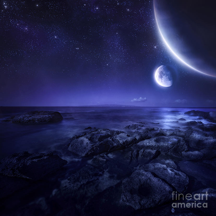 Nature Photograph - Nearby Planets Hover Over The Ocean by Evgeny Kuklev