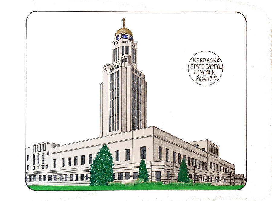 Nebraska State Capitol Drawing by Frederic Kohli
