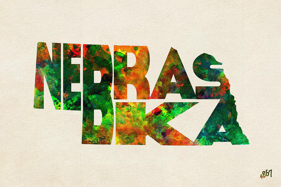 Nebraska Typographic Watercolor Map Digital Art by Inspirowl Design