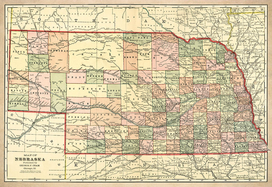 Nebraska Vintage Antique Map Drawing by World Art Prints And Designs ...