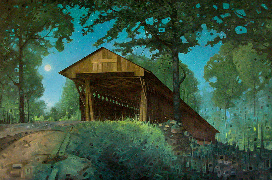 Nectar Covered Bridge in Moonlight Painting by T S Carson