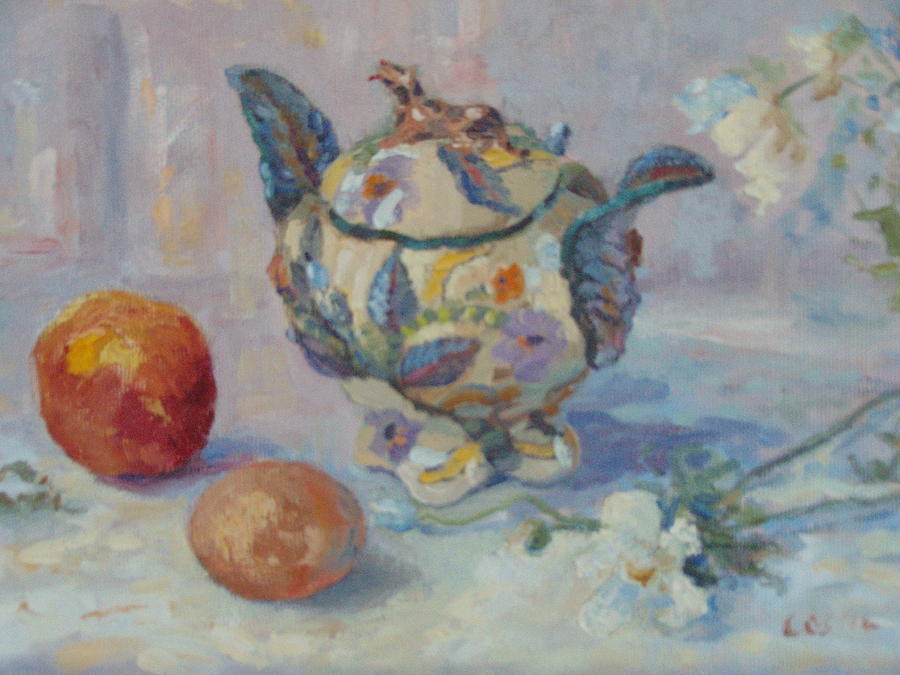 Nectarine with Egg and Ardmore Jar Painting by Elinor Fletcher