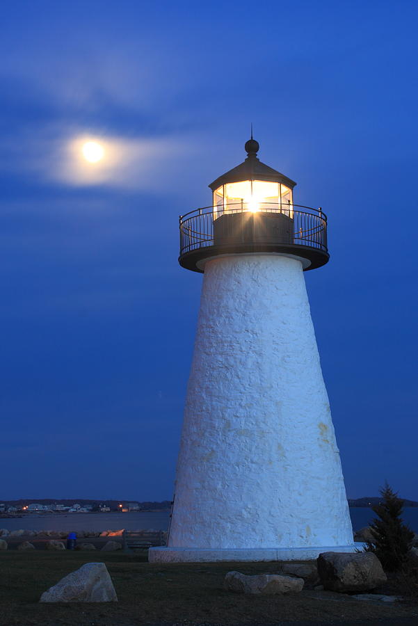 Neds Point Lighthouse Moon Mattapoisett Massachusetts Photograph by John Burk