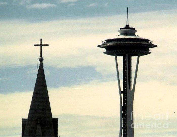 Seattle Washington Space  Needle Steeple And Cross Photograph