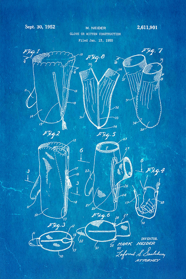 Unique Photograph - Neider Dual Person Mitten Glove Patent Art 1952 Blueprint by Ian Monk