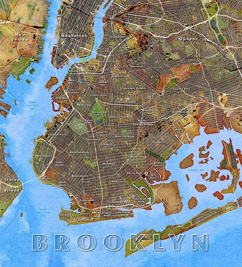 Neighborhoods of Brooklyn Watercolor Map Digital Art by Paul Hein