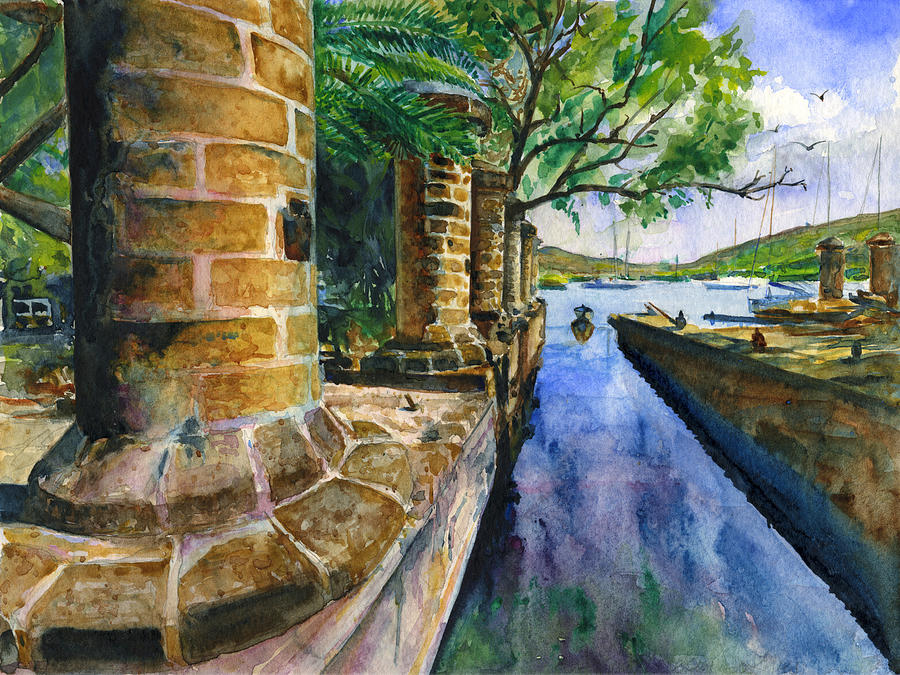 Boat Painting - Nelson Dockyard in Antigua by John D Benson