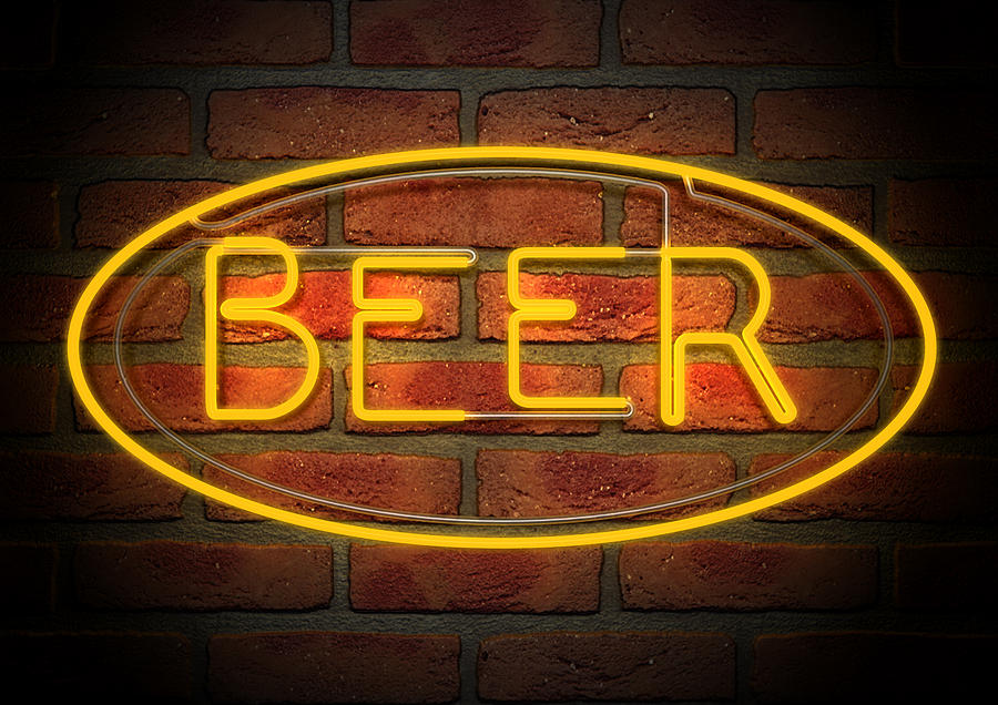 Beer Digital Art - Neon Beer Sign on A Face Brick Wall by Allan Swart