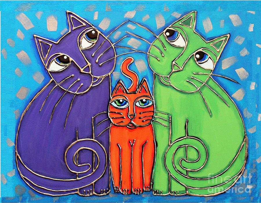 Neon Cat Trio #1 Painting by Cynthia Snyder