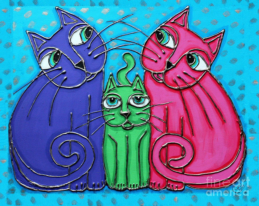 Neon Cat Trio #2 Painting by Cynthia Snyder