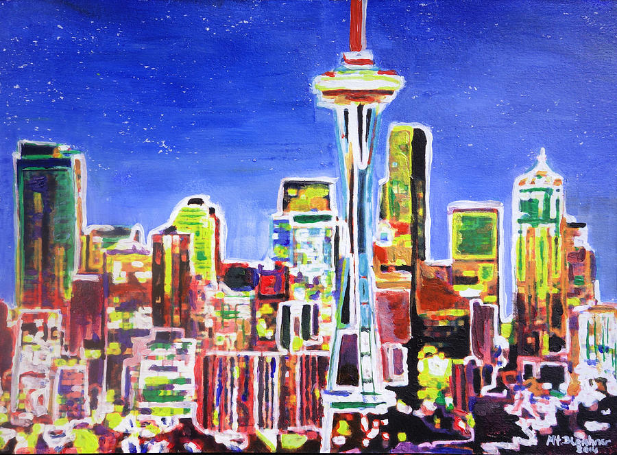 Seattle Painting - Neon Shimmering Skyline of Seattle With Space Needle with Stars at Night  by M Bleichner