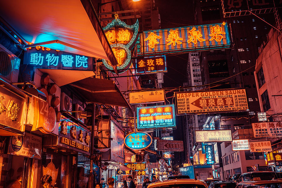 Neon signs in Hongkong, China at night Photograph by Nikada
