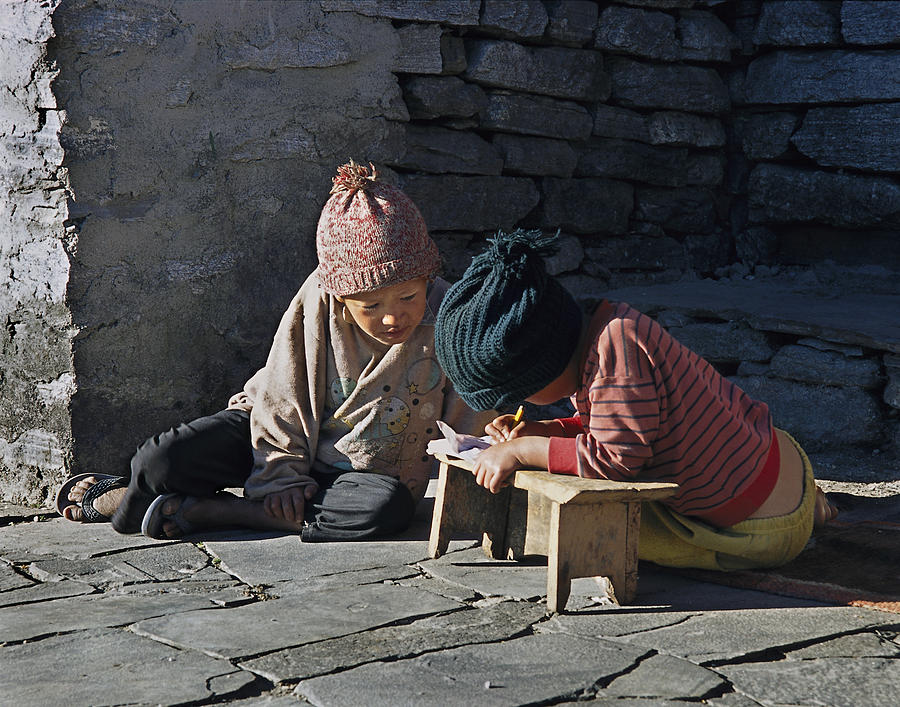 Nepal Photograph - Nepalese boys drawing  by Richard Berry