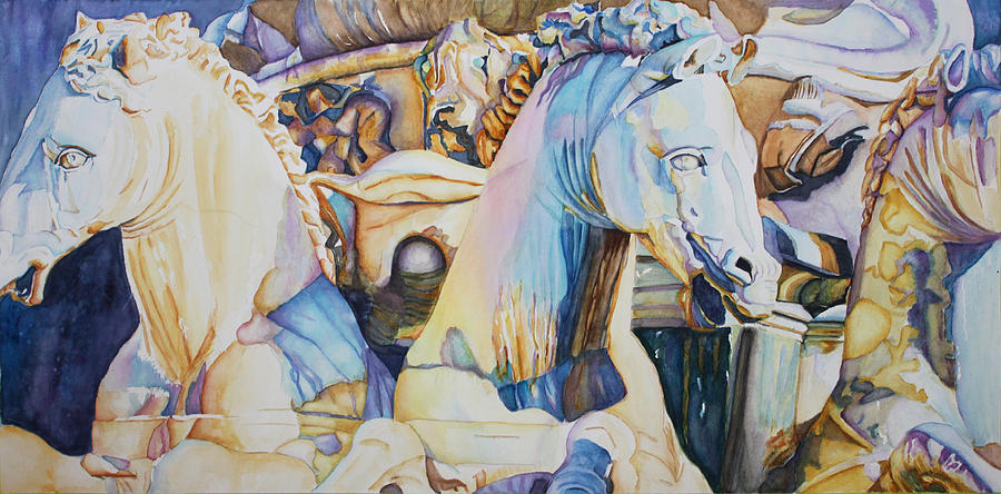 Watercolor Painting - Neptunes Sea Horses - Florence by Christiane Kingsley