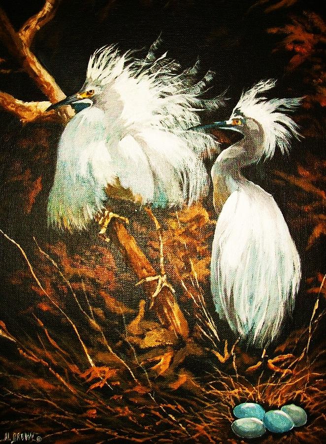 Nesting Egrets Painting by Al Brown