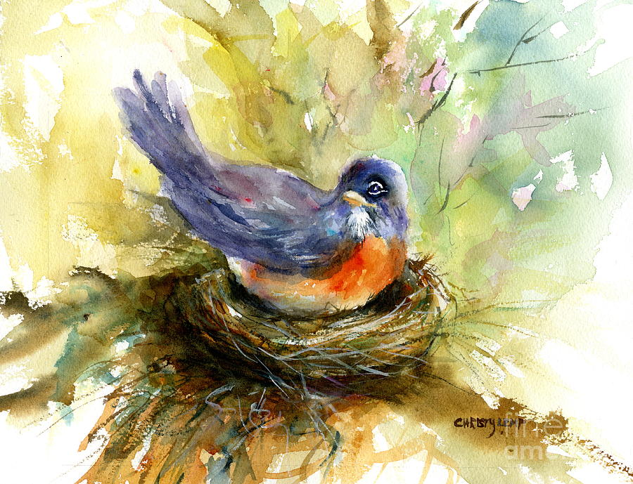Nesting Robin Painting by Christy Lemp