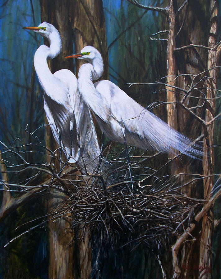 Bird Painting - Nesting Snowy Egrets by Dreyer Wildlife Print Collections 