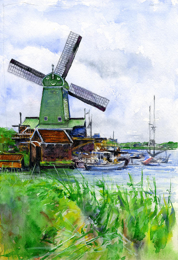 Netherlands Windmill Painting by John D Benson