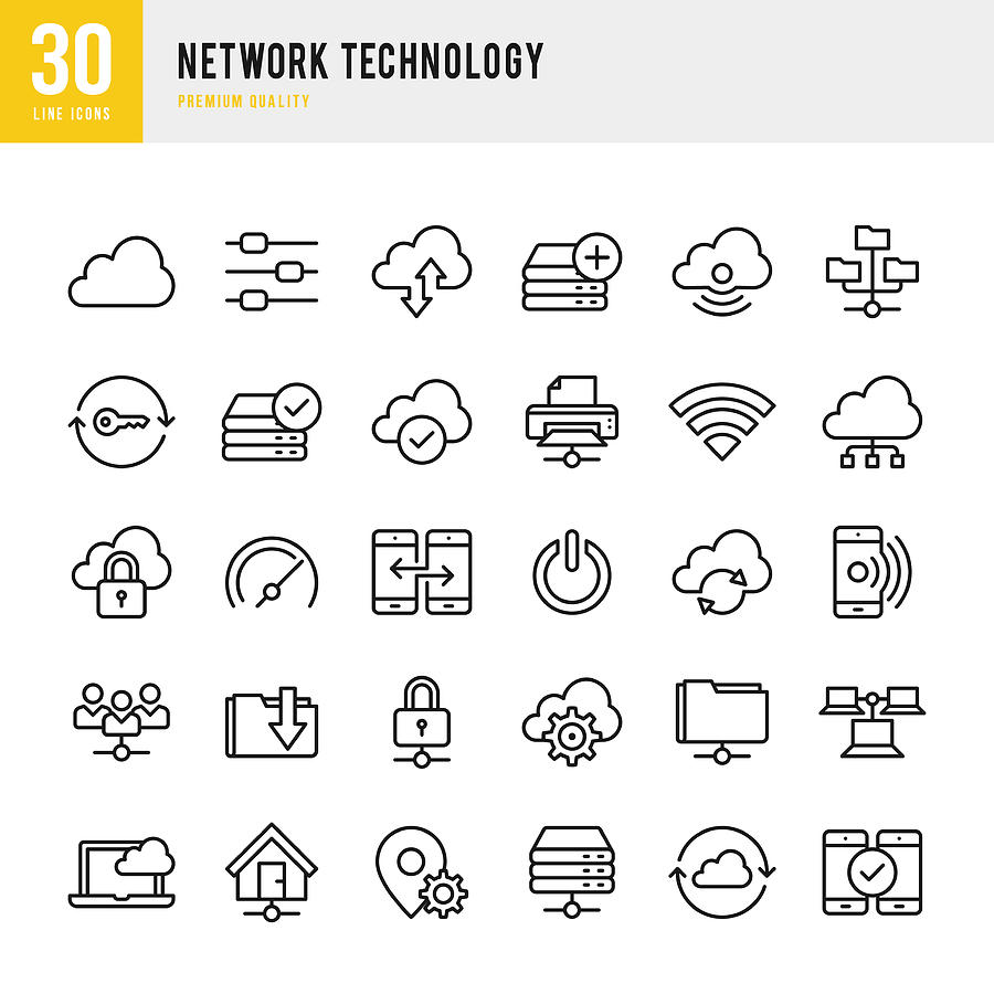Network Technology - Thin Line Icon Set Drawing by Fonikum