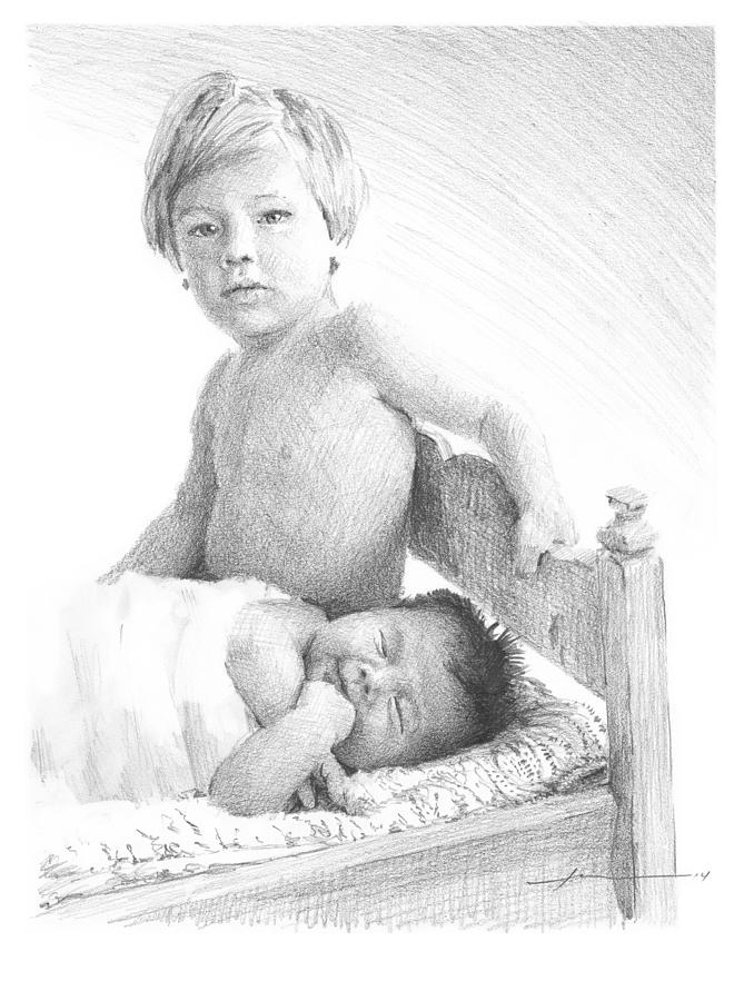 New Baby And Brother Pencil Portrait Drawing by Mike Theuer
