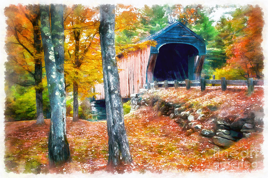 New England Covered Bridge Watercolor 2 Photograph by Edward Fielding