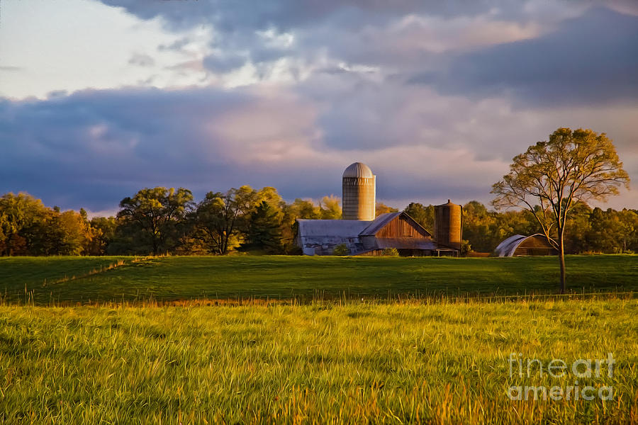 New England Sunrise Painted Barns Silos Stormy  Mixed Media by Sherry  Curry