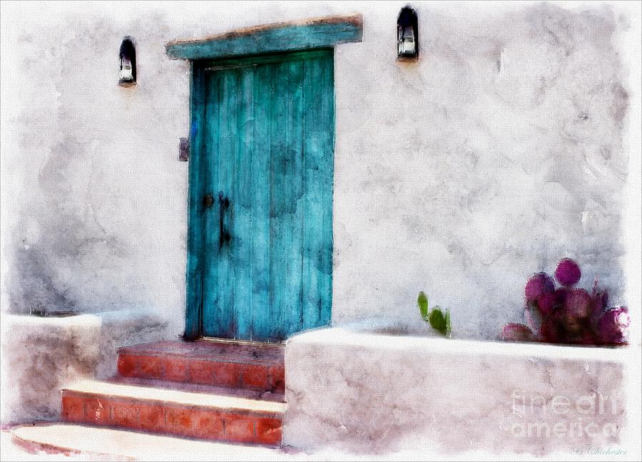New Mexico Turquoise Door and Cactus  Painting by Barbara Chichester
