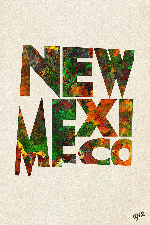 New Mexico Typographic Watercolor Map Digital Art by Inspirowl Design