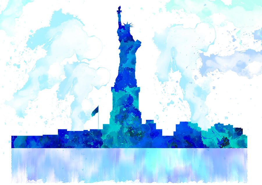 New York Blue Skyline watercolor painting Painting by Georgeta Blanaru