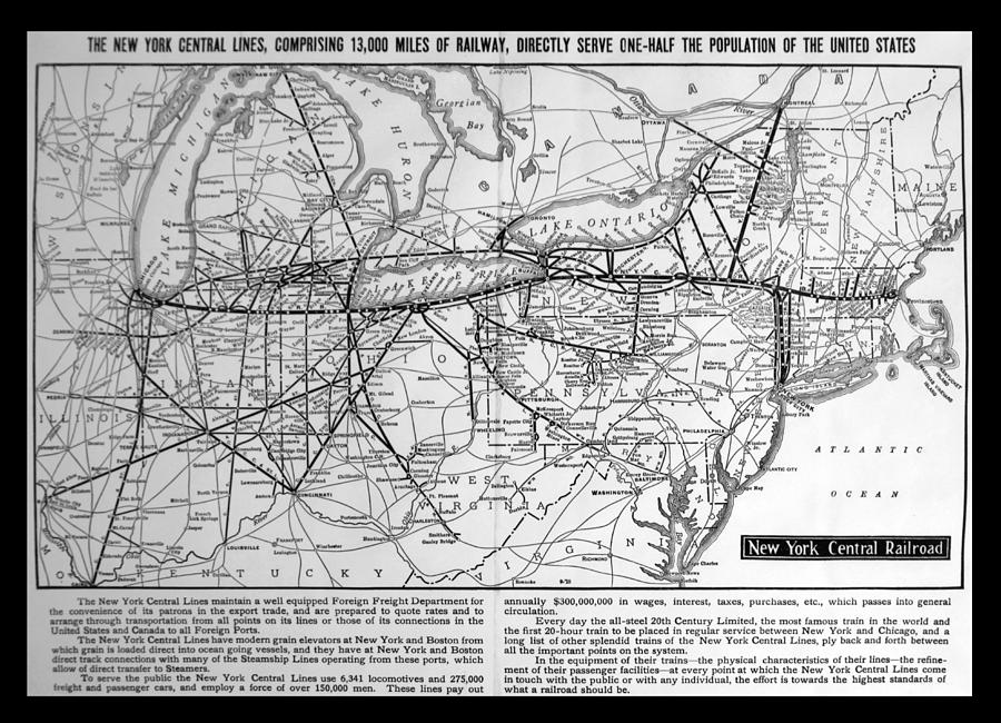 New York Central Railroad Map Bw Photograph By Thomas Woolworth