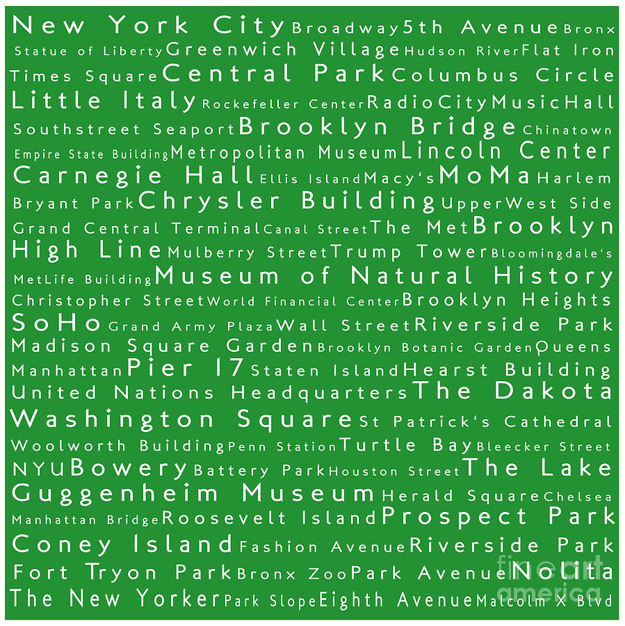 New York City In Words Green Photograph